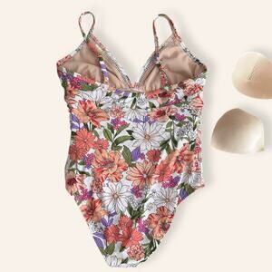 Pink and Orange Floral Spaghetti Strap One Piece Swimsuit size L